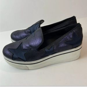 Stella McCartney Binx Slip On Platform Loafers 38 Euro/8 US Navy Sparkle w/Stars